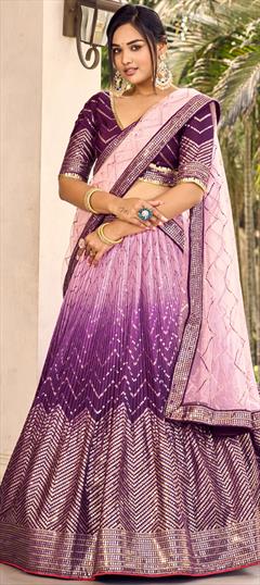 Bridal, Wedding Purple and Violet color Lehenga in Silk fabric with Flared Embroidered, Sequence, Thread work : 1939288
