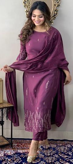 Festive, Reception Purple and Violet color Salwar Kameez in Rayon fabric with Straight Embroidered, Thread, Zari work : 1939334