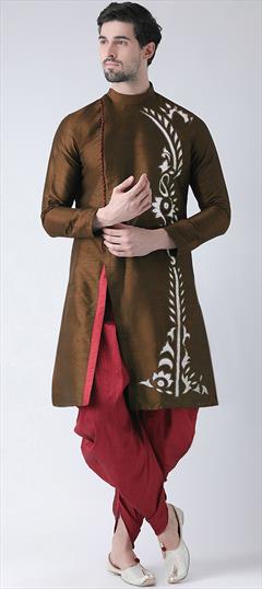 Party Wear Beige and Brown color Dhoti Kurta in Dupion Silk fabric with Embroidered, Thread work : 1939367