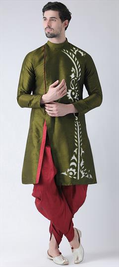 Party Wear Green color Dhoti Kurta in Dupion Silk fabric with Embroidered, Thread work : 1939370