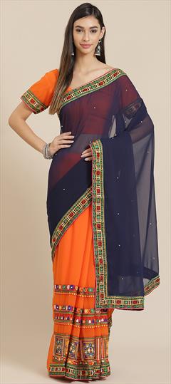 Festive, Party Wear Blue, Orange color Saree in Faux Georgette fabric with Classic Embroidered, Thread work : 1939518