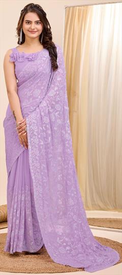 Festive, Party Wear, Reception Purple and Violet color Saree in Faux Georgette fabric with Classic Embroidered, Sequence, Thread work : 1939526
