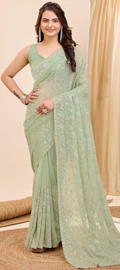 Festive, Party Wear, Reception Green color Saree in Faux Georgette fabric with Classic Embroidered, Sequence, Thread work : 1939528
