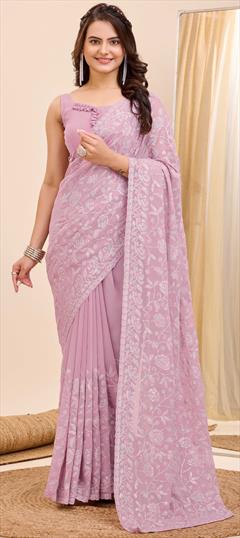 Festive, Party Wear, Reception Pink and Majenta color Saree in Faux Georgette fabric with Classic Embroidered, Sequence, Thread work : 1939531