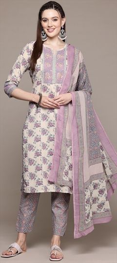 Festive, Summer Purple and Violet color Salwar Kameez in Cotton fabric with Straight Cut Dana, Floral, Printed, Sequence work : 1939578
