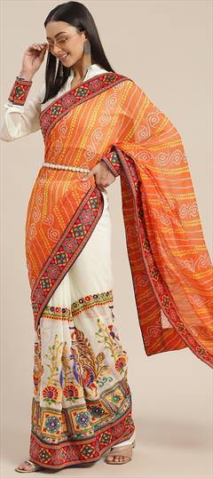 Festive, Party Wear, Reception Orange, White and Off White color Saree in Georgette fabric with Classic Bandhej, Embroidered, Printed, Thread work : 1939594