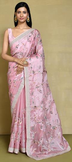 Mehendi Sangeet, Traditional, Wedding Pink and Majenta color Saree in Satin Silk fabric with Classic Embroidered, Sequence, Stone work : 1939603