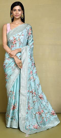 Mehendi Sangeet, Traditional, Wedding Blue color Saree in Satin Silk fabric with Classic Embroidered, Weaving work : 1939611