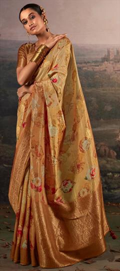 Party Wear, Traditional Beige and Brown color Saree in Linen fabric with Bengali Digital Print, Floral work : 1939642