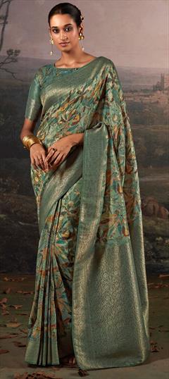 Party Wear, Traditional Green color Saree in Linen fabric with Bengali Digital Print, Floral work : 1939643