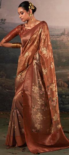 Party Wear, Traditional Beige and Brown color Saree in Linen fabric with Bengali Digital Print, Floral work : 1939644