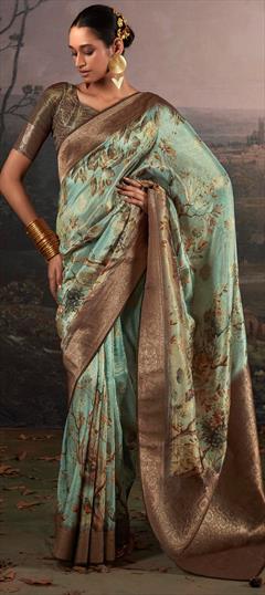Party Wear, Traditional Green color Saree in Linen fabric with Bengali Digital Print, Floral work : 1939645