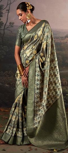 Party Wear, Traditional Green color Saree in Linen fabric with Bengali Digital Print, Floral work : 1939646