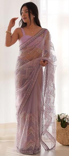 Festive, Reception, Wedding Purple and Violet color Saree in Net fabric with Classic Embroidered, Sequence, Thread work : 1939657