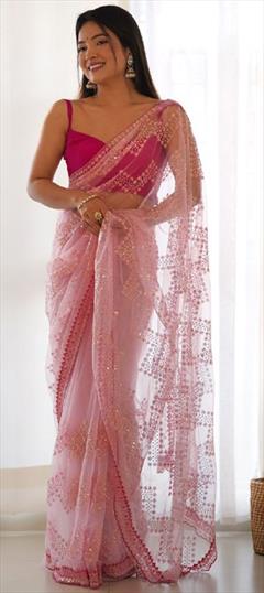 Festive, Reception, Wedding Pink and Majenta color Saree in Net fabric with Classic Embroidered, Sequence, Thread work : 1939658
