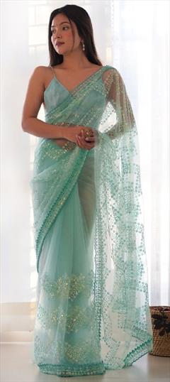 Festive, Reception, Wedding Blue color Saree in Net fabric with Classic Embroidered, Sequence, Thread work : 1939659