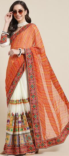Festive, Party Wear Orange, White and Off White color Saree in Georgette fabric with Classic Bandhej, Embroidered, Printed, Resham, Thread work : 1939662
