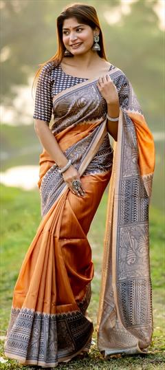Party Wear, Traditional Yellow color Saree in Tussar Silk fabric with South Printed work : 1939682