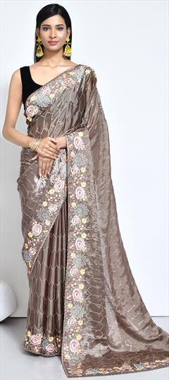 Engagement, Festive, Traditional, Wedding Beige and Brown color Saree in Satin Silk fabric with Classic Embroidered, Sequence, Stone work : 1939705