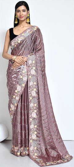 Engagement, Festive, Traditional, Wedding Beige and Brown color Saree in Satin Silk fabric with Classic Embroidered, Sequence, Stone work : 1939710