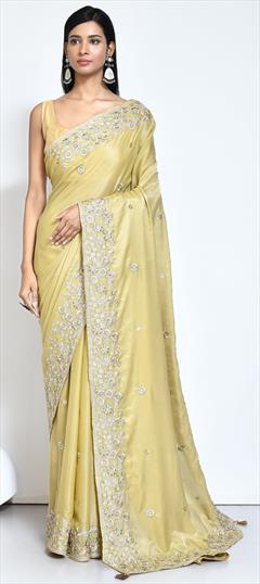 Engagement, Festive, Traditional, Wedding Yellow color Saree in Satin Silk fabric with Classic Embroidered, Sequence work : 1939713