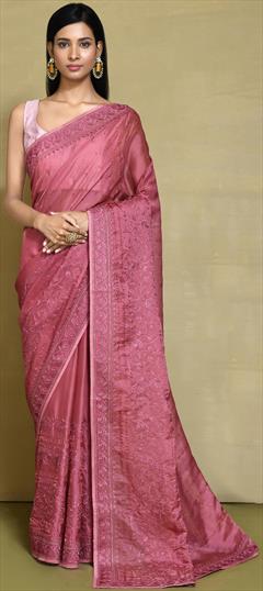 Engagement, Festive, Traditional, Wedding Pink and Majenta color Saree in Satin Silk fabric with Classic Embroidered, Stone work : 1939714