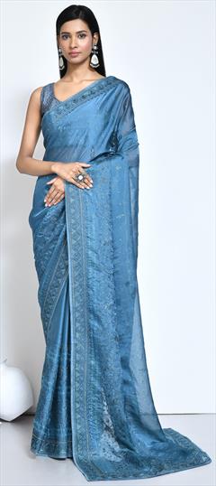 Engagement, Festive, Traditional, Wedding Blue color Saree in Satin Silk fabric with Classic Embroidered, Stone work : 1939716
