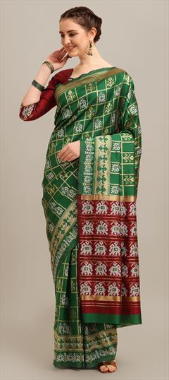 Party Wear, Traditional Green color Saree in Banarasi Silk fabric with South Printed work : 1939732