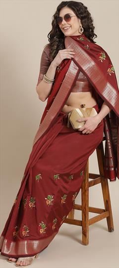 Party Wear, Traditional Red and Maroon color Saree in Silk cotton fabric with Bengali Embroidered, Thread work : 1939750