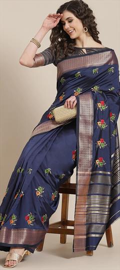 Party Wear, Traditional Blue color Saree in Silk cotton fabric with Bengali Embroidered, Thread work : 1939751