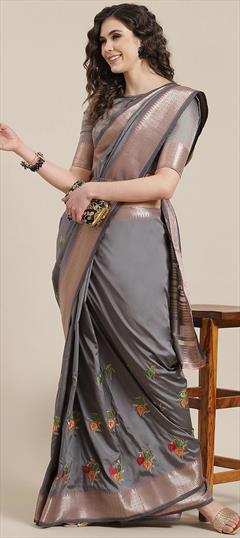 Party Wear, Traditional Black and Grey color Saree in Silk cotton fabric with Bengali Embroidered, Thread work : 1939752
