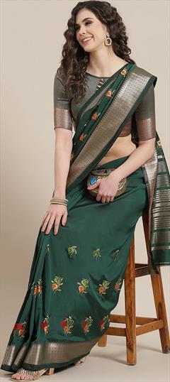 Party Wear, Traditional Green color Saree in Silk cotton fabric with Bengali Embroidered, Thread work : 1939753