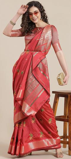 Party Wear, Traditional Pink and Majenta color Saree in Silk cotton fabric with Bengali Embroidered, Thread work : 1939754