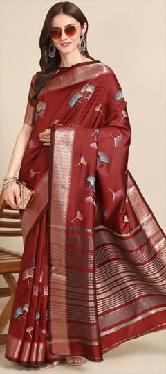 Party Wear, Traditional Red and Maroon color Saree in Silk cotton fabric with Bengali Embroidered, Thread work : 1939767