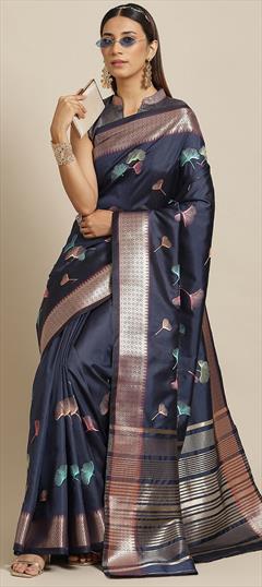 Party Wear, Traditional Blue color Saree in Silk cotton fabric with Bengali Embroidered, Thread work : 1939771