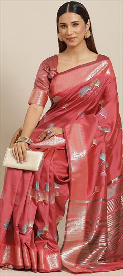 Party Wear, Traditional Pink and Majenta color Saree in Silk cotton fabric with Bengali Embroidered, Thread work : 1939773