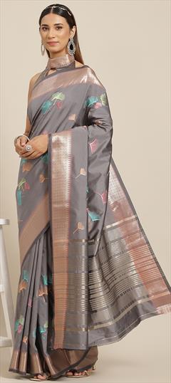 Party Wear, Traditional Black and Grey color Saree in Silk cotton fabric with Bengali Embroidered, Thread work : 1939774