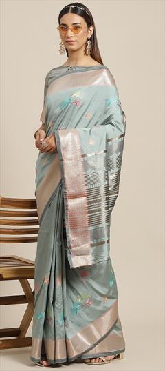 Party Wear, Traditional Blue color Saree in Silk cotton fabric with Bengali Embroidered, Thread work : 1939776