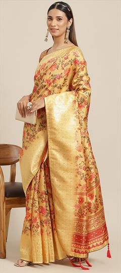 Festive, Traditional Yellow color Saree in Banarasi Silk fabric with South Floral, Printed, Weaving work : 1939793