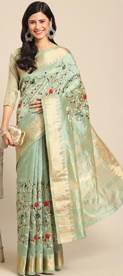 Party Wear, Traditional Green color Saree in Silk cotton fabric with Bengali Embroidered, Resham, Thread work : 1939794