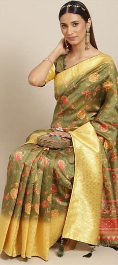 Festive, Traditional Green color Saree in Banarasi Silk fabric with South Floral, Printed, Weaving work : 1939795