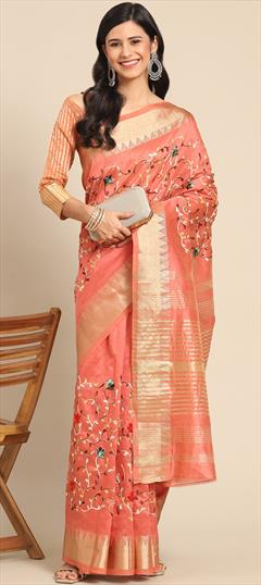 Party Wear, Traditional Pink and Majenta color Saree in Silk cotton fabric with Bengali Embroidered, Resham, Thread work : 1939796