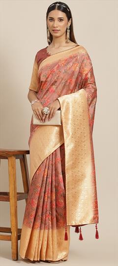 Festive, Traditional Pink and Majenta color Saree in Banarasi Silk fabric with South Floral, Printed, Weaving work : 1939797