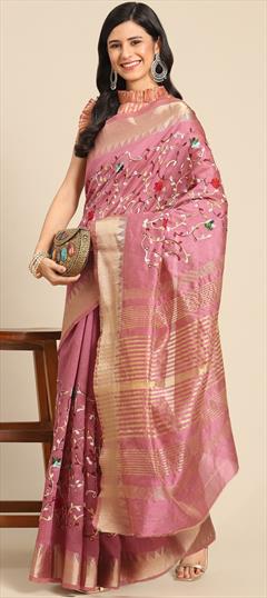 Party Wear, Traditional Pink and Majenta color Saree in Silk cotton fabric with Bengali Embroidered, Resham, Thread work : 1939798