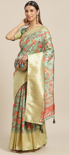 Festive, Traditional Blue color Saree in Banarasi Silk fabric with South Floral, Printed, Weaving work : 1939799