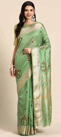 Festive, Traditional Green color Saree in Silk cotton fabric with Bengali Embroidered, Thread, Weaving, Zari work : 1939820
