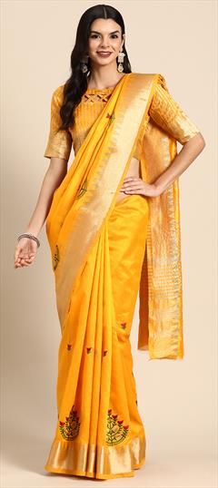 Festive, Traditional Yellow color Saree in Silk cotton fabric with Bengali Embroidered, Thread, Weaving, Zari work : 1939822