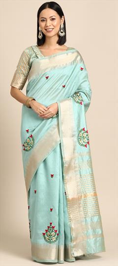 Festive, Traditional Blue color Saree in Silk cotton fabric with Bengali Embroidered, Thread, Weaving, Zari work : 1939823