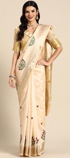 Festive, Traditional White and Off White color Saree in Silk cotton fabric with Bengali Embroidered, Thread, Weaving, Zari work : 1939824