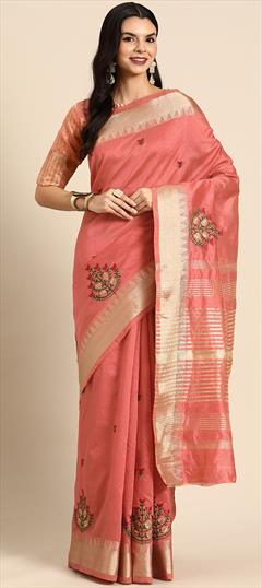Festive, Traditional Pink and Majenta color Saree in Silk cotton fabric with Bengali Embroidered, Thread, Weaving, Zari work : 1939826